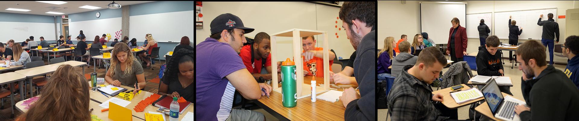 一个3面板照片的学生工作的项目. 1. 学生们坐在课桌前，在白板上写字. 2. 正在设计产品原型的学生. 3. 学生们坐在课桌上做小组项目.